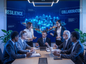 Illustration of a diverse team in a boardroom reviewing cybersecurity policies on a holographic display with keywords like resilience and collaboration