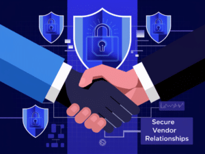 A handshake overlaid with cybersecurity shields, symbolizing secure partnerships and proactive vendor risk management practices.