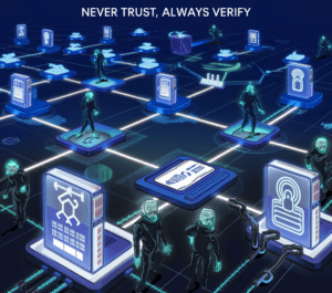 A futuristic network with glowing biometric scans, identity checks, and digital locks, under the slogan 'Never Trust, Always Verify