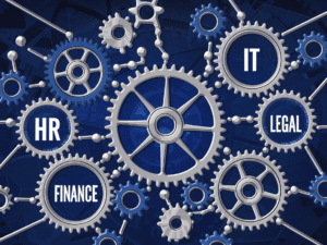 Illustration showing interconnected departments symbolized by gears working together to power a secure digital infrastructure