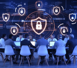 A secure digital ecosystem with interconnected glowing devices, shields, and locks, surrounded by business professionals reviewing a network plan